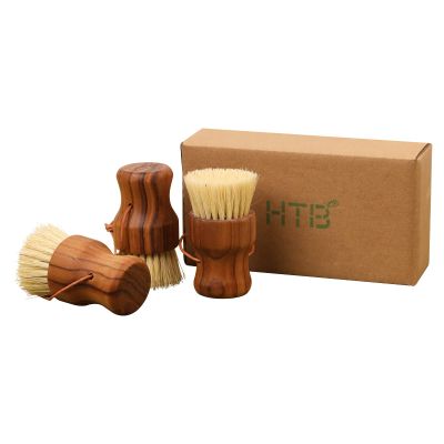Teak Dish Scrub Brush 3PCS by HTB, Good Grip Small Wooden Dish Brush with Teak Handle & Sisal Bristles for Kitchen, Wood Cleaning Scrubbers Set for Washing Pan/Pot/Vegetable/Fruit
