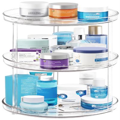 3 Tier Lazy Susan Bathroom Organizer - 9.25 Inch Clear Makeup Organizer with Skincare and Perfume Storage for Countertop