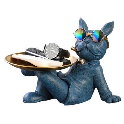 MEHWSUR Bulldog Tray Key Holder Candy Holder,Multi-Function Resin Bulldog Coin Piggy Banks Desk Table Trays Decorative,Home Entrance Bulldog Key Snack Storage Tray Sculptures (Color : Blue)