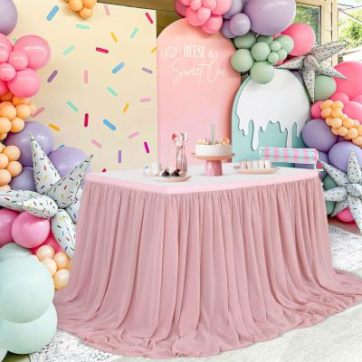 14FT Chiffon Table Skirt Sheer Tablecloth for Wedding 1st Baby Girl Birthday Party Bridal Shower Decoration Dusty Rose