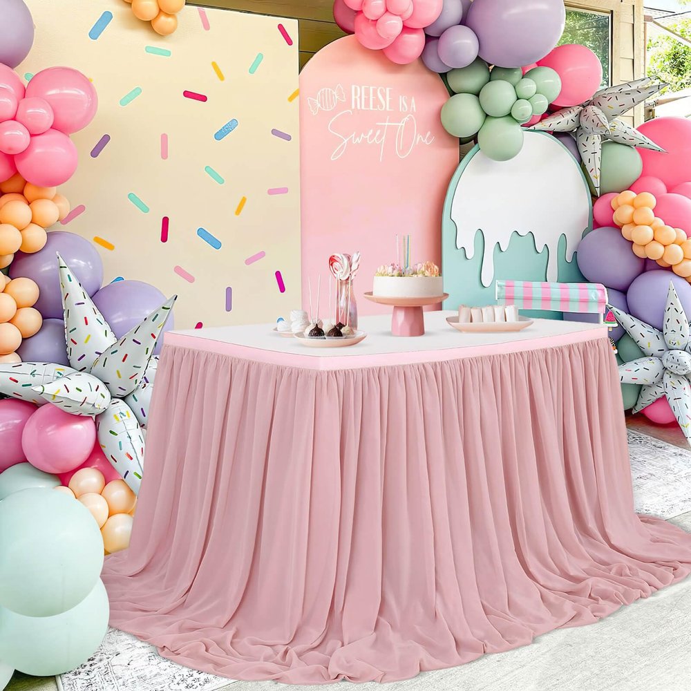 14FT Chiffon Table Skirt Sheer Tablecloth for Wedding 1st Baby Girl Birthday Party Bridal Shower Decoration Dusty Rose