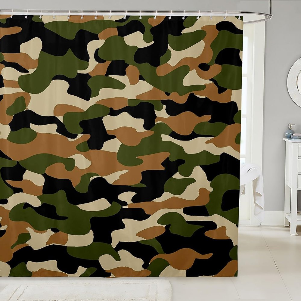 Army Green Camouflage Bath Curtain, Camo Shower Curtain For Kids Boys, Abstract Colorful Bathtub Shower Curtain 72" W X 72" L, Military Campaign Camo Curtain Sets For Teens Adult, Black Brown
