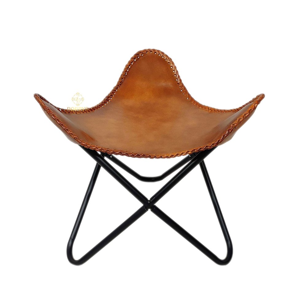 Handmade Brown Leather Footstool Ottoman  Genuine Saddle Leather Stool for Living Room | Rustic Home Dcor Accent | Butterfly Chair Ottoman with Steel Frame  Vintage Boho Furniture by PLW