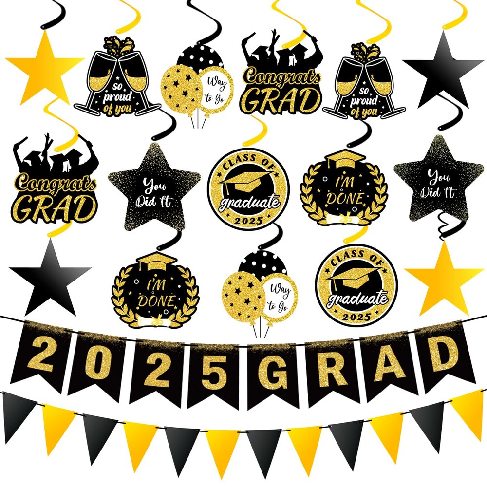 34Pcs Graduation Decorations 2025 Pre-Assembled Hanging Swirls 2025 GRAD Banner Graduation Party Decorations Class of 2025 for Classroom Home Party