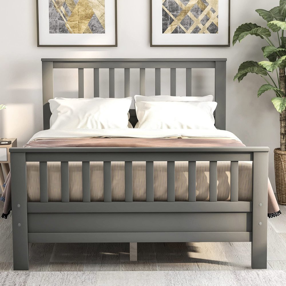 Anwickmak Wood Full Bed Frame with Headboard and Footboard, Platform Bed Frame Mattress Foundation with Wood Slat Support for Kids, Teens, No Box Spring Need, Easy Assembly (Gray, Full)
