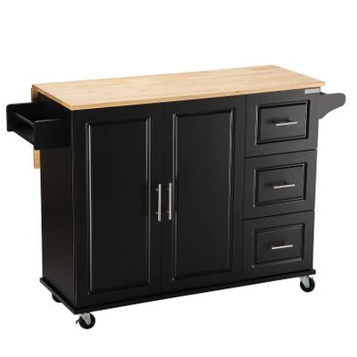 Kitchen Island with Extensible Rubber Wood Table Top Kitchen Bar Serving Cart Mobile Microwave Cart with Spice Rack and Handle Large Trolley Cart Kitchen Bakers Rack with Drawer and Storage Cabinet