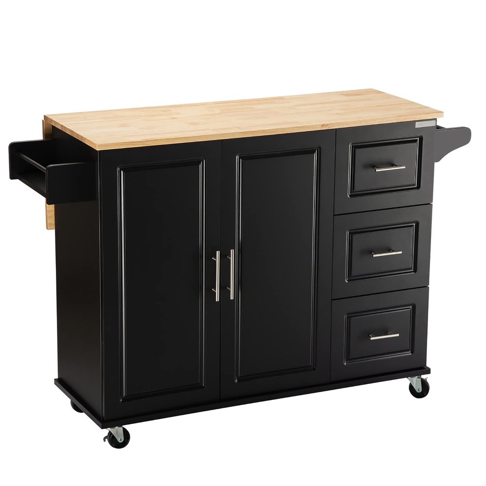 Kitchen Island with Extensible Rubber Wood Table Top Kitchen Bar Serving Cart Mobile Microwave Cart with Spice Rack and Handle Large Trolley Cart Kitchen Bakers Rack with Drawer and Storage Cabinet