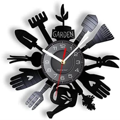 12 Inch Wall Clock Gardening Tools Wall Clock Kitchen Wall Decor Cultivator Vinyl Record Wall Clock Watch Greenhouse Housewarming Gift for Gardener