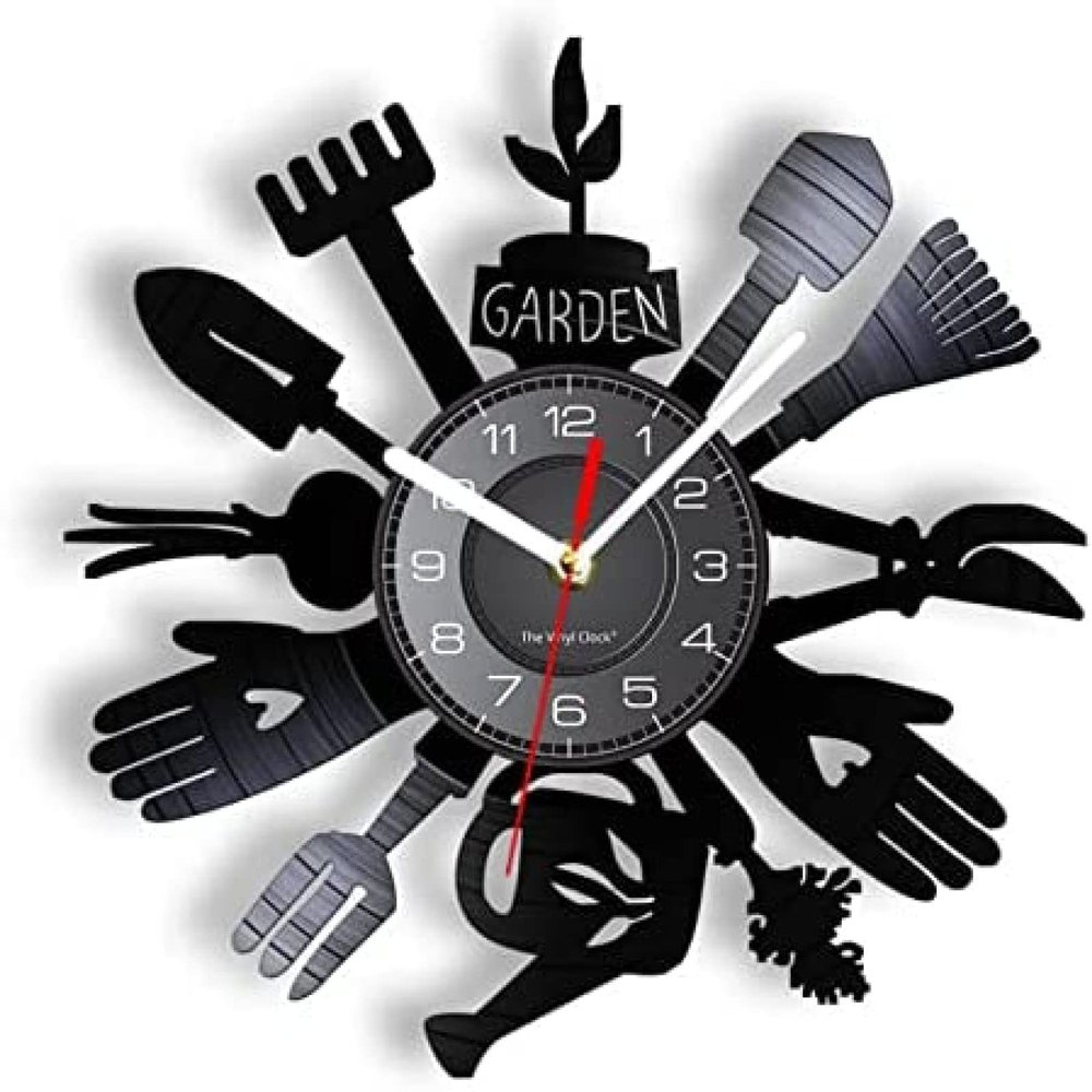 12 Inch Wall Clock Gardening Tools Wall Clock Kitchen Wall Decor Cultivator Vinyl Record Wall Clock Watch Greenhouse Housewarming Gift for Gardener