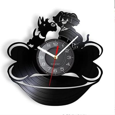 Vinyl Record Wall Clock 12 Inch Black Pugs with Bone Wall Clock Puppies Vinyl Record Wall Clock Doggy Style Nursery Vintage Wall Decor Dog Pet Owners Gift