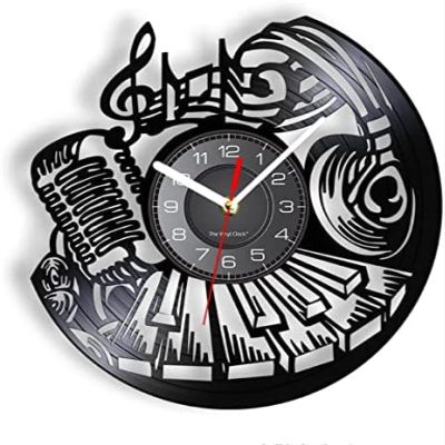 12 Inch Wall Clock Musical Wall Clock Rock and Roll Wall Art Vinyl Record Clock Music Instrument Piano Wall Decor Microphone Headset Vinyl Clock