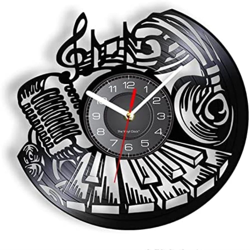 12 Inch Wall Clock Musical Wall Clock Rock and Roll Wall Art Vinyl Record Clock Music Instrument Piano Wall Decor Microphone Headset Vinyl Clock