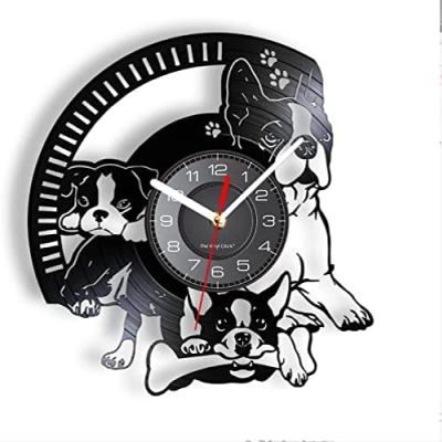 12 Inch Wall Clock Boston Terrier Decoration Vinyl Record Wall Clock Home Decor Puppy Dog Breed Pet Silent Non Ticking Wall Watch Dog Lover Gift