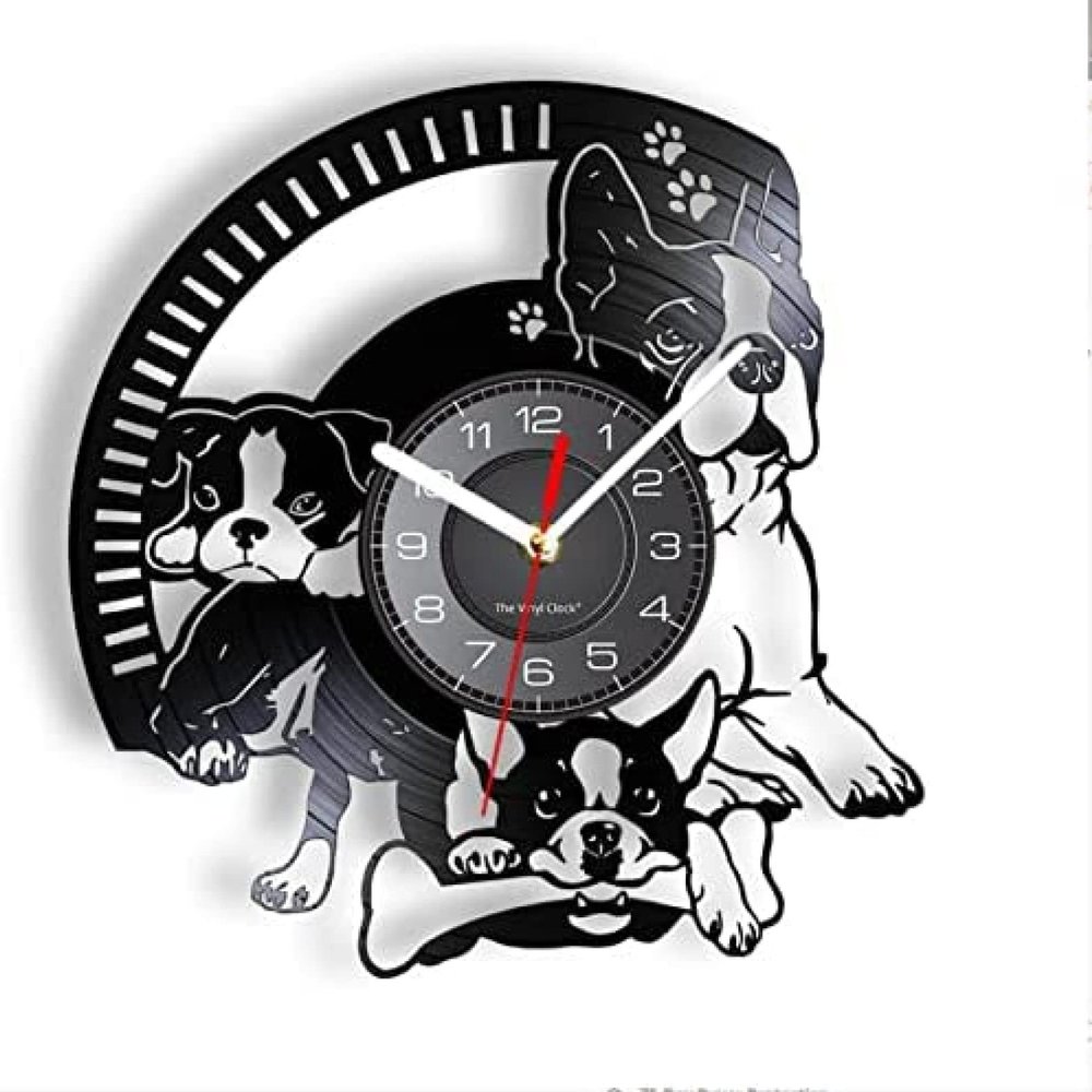 12 Inch Wall Clock Boston Terrier Decoration Vinyl Record Wall Clock Home Decor Puppy Dog Breed Pet Silent Non Ticking Wall Watch Dog Lover Gift