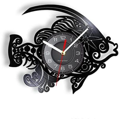 12 Inch Wall Clock Fish Modern Wall Art Vinyl Record Wall Clock Handmade Home Decor Fisherman Unique Decorative Vinyl Clock Fish Gift for Kids