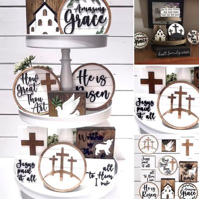 10 Pcs Jesus is Risen Easter Tray Bundle Kit,Mini Resurrection Scene Set Wooden Jesus Nativity Scene Farmhouse Farmhouse Rustic Tiered Tray Items for Indoor Home Table Mantle Office