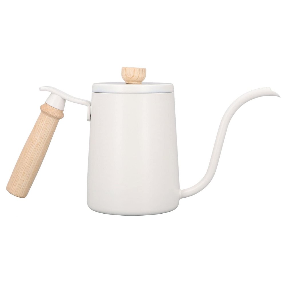 Tyenaza Coffee Pour Over Kettle, Solid Wood Handle Coffee Gooseneck Pour Over Kettle 600ML Precision Flow Spout Drip Coffee Kettle for Drip Coffee and Tea Brewing(White)