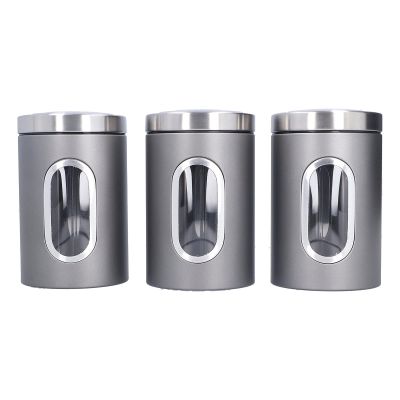 Tyenaza 3Pcs Kitchen Canister Set, Stainless Steel Food Tea Nut Container, Food Storage Containers with Lid and Visible Window for Dry Food Snack Beans (Grey)