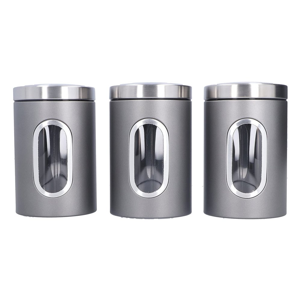 Tyenaza 3Pcs Kitchen Canister Set, Stainless Steel Food Tea Nut Container, Food Storage Containers with Lid and Visible Window for Dry Food Snack Beans (Grey)
