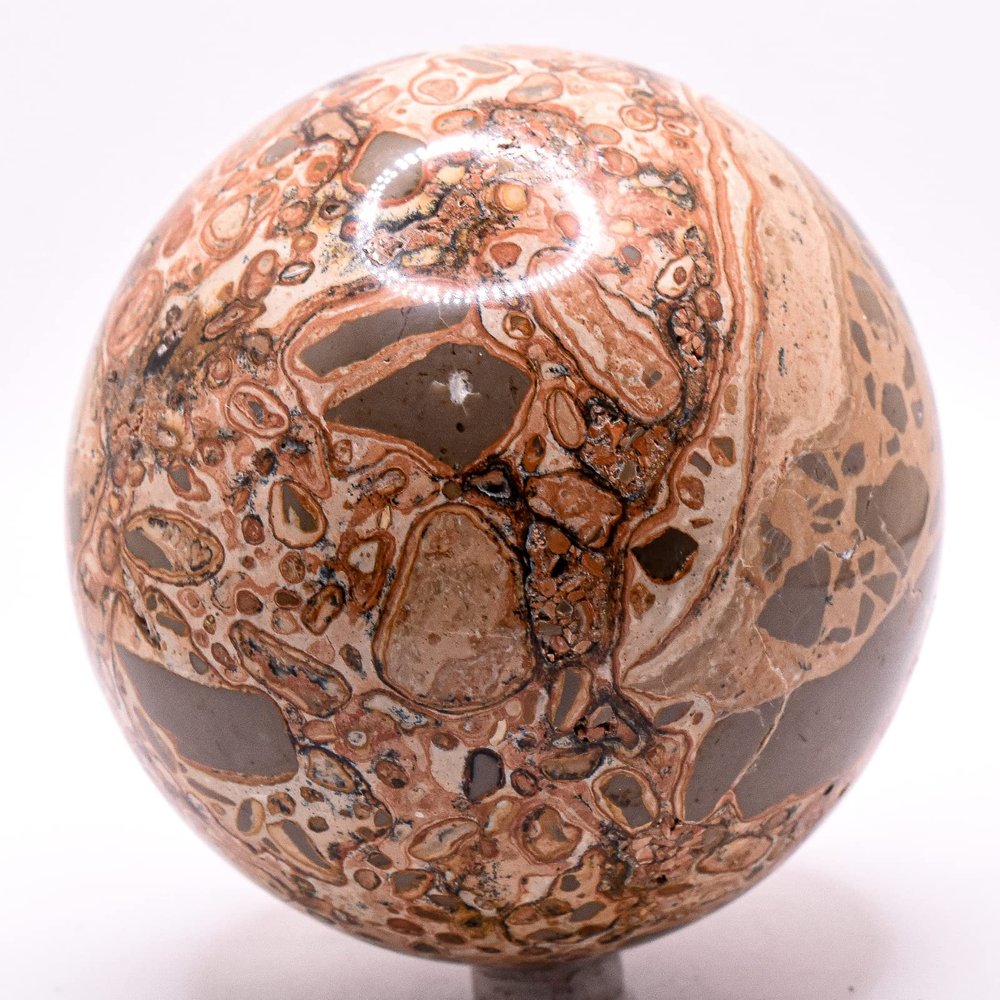 3.5" 2.06LBs Orange Black Leopardite Jasper Sphere Polished Natural Rhyolite Gemstone Crystal Mineral Dcor Ball - Peru + Stand
