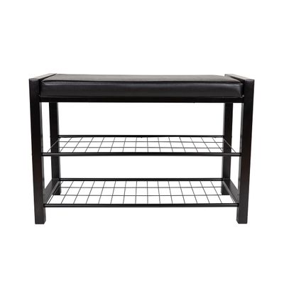Danya B. Leatherette Entryway Bench with Two Metal Shoe Racks (Black/Black)
