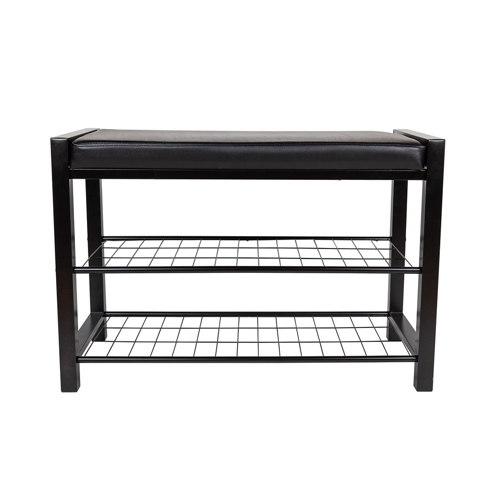 Danya B. Leatherette Entryway Bench with Two Metal Shoe Racks (Black/Black)