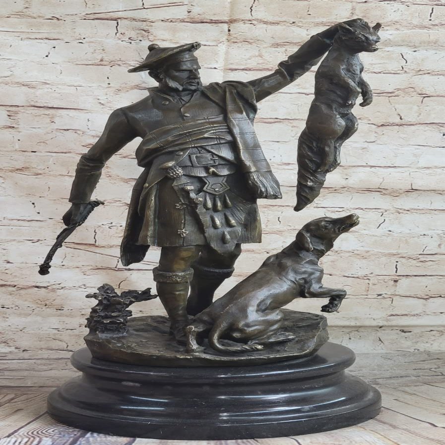 Bronze Figure of Scottish Hunter and Hound with The Kill Vitaleh Hot Cast Art Deco Artwork Gift Decor Handmade by Think Bronze