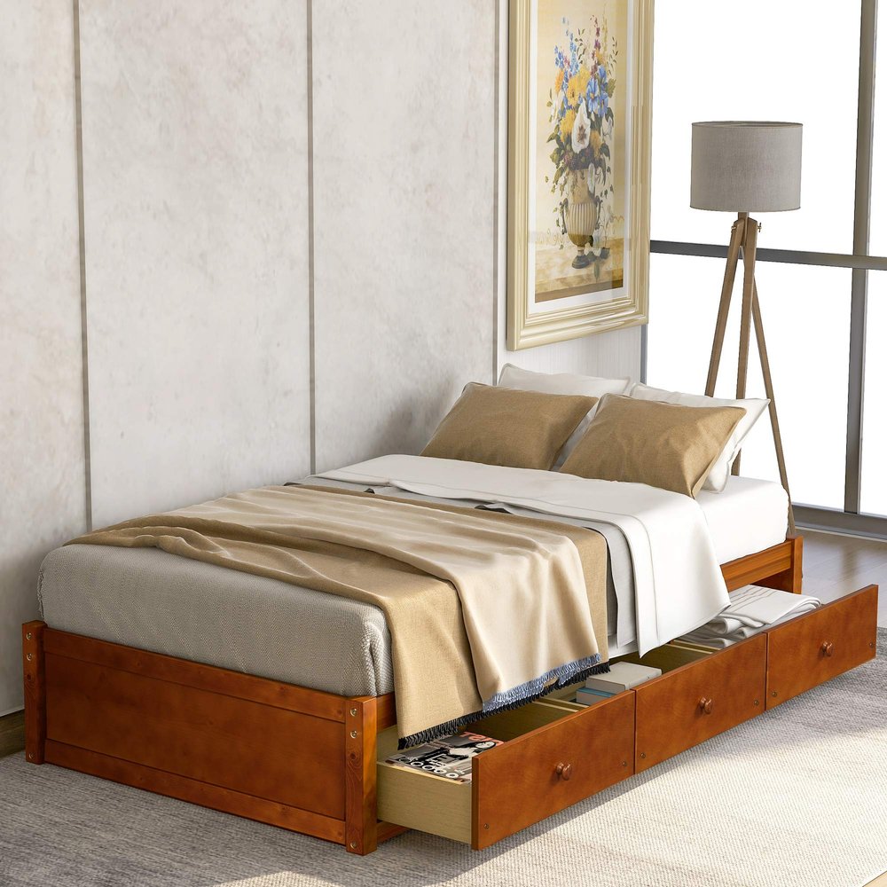 Merax Twin Size Platform Bed with 3 Storage Drawers, Oak Twin Platform Storage Bed