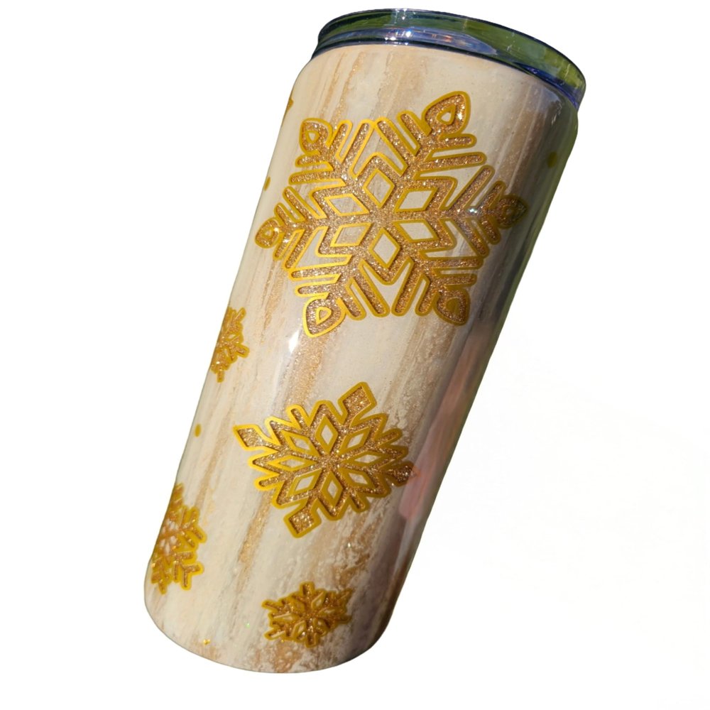 20 oz Gold Dirty Pour Peekaboo Snowflake Winter Season Chrismas Holiday Handmade Stainless Steel Insulated Epoxy Tumbler Drinking Cup