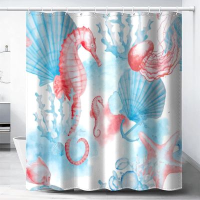 Abstract Underwater Hippocampus Waterproof Fabric Shower Curtain,Watercolor Red Wildlife Seahorse Jellyfish Coral Nautical Theme Soft Hotel Quality Cloth Light-Weight & Machine Washable - 72L x72W