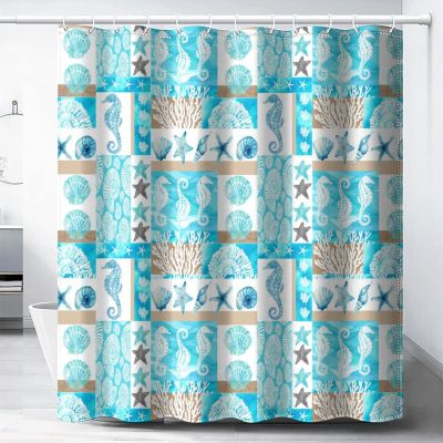 Abstract Underwater Nautical Theme Waterproof Fabric Shower Curtain,Rustic Watercolor Seahorse Starfish Coral Pattern Soft Hotel Quality Cloth Shower Light-Weight & Machine Washable - 72L x72W