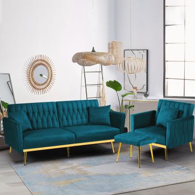 ACMEASE 2 Pieces Velvet Sofa Set with Adjustable Armrest and Backrest, 70 Convertible Futon Sofa Bed & Mordern Accent Chair with Ottoman for Living Room, Bedroom, Teal