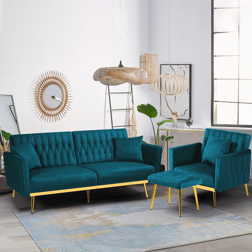 ACMEASE 2 Pieces Velvet Sofa Set with Adjustable Armrest and Backrest, 70 Convertible Futon Sofa Bed & Mordern Accent Chair with Ottoman for Living Room, Bedroom, Teal