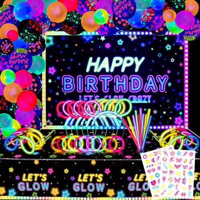192 PCS Neon Glow Birthday Party Supplies - Glow in The Dark Birthday Backdrop Banner, Lets Glow Tablecloth, Neon Balloons, Temporary Tattoo, Glow Sticks for Black Light Neon Party Decorations