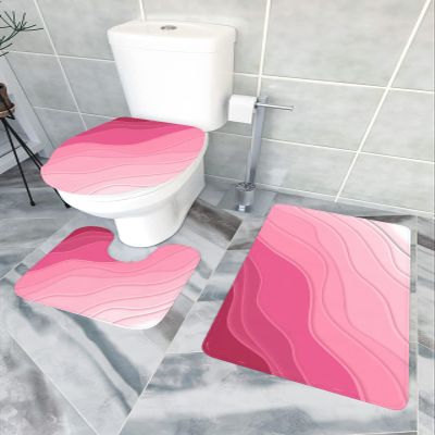 LEOSUCRE Bath Mat 3 Piece Bathroom Rug Sets, Ombre Pink Non Slip Bath Rug Contour Mat and Toilet Lid Cover, Absorbent Shower Mats Soft Bath Rug and Mat Sets Valentines Day Abstract Modern