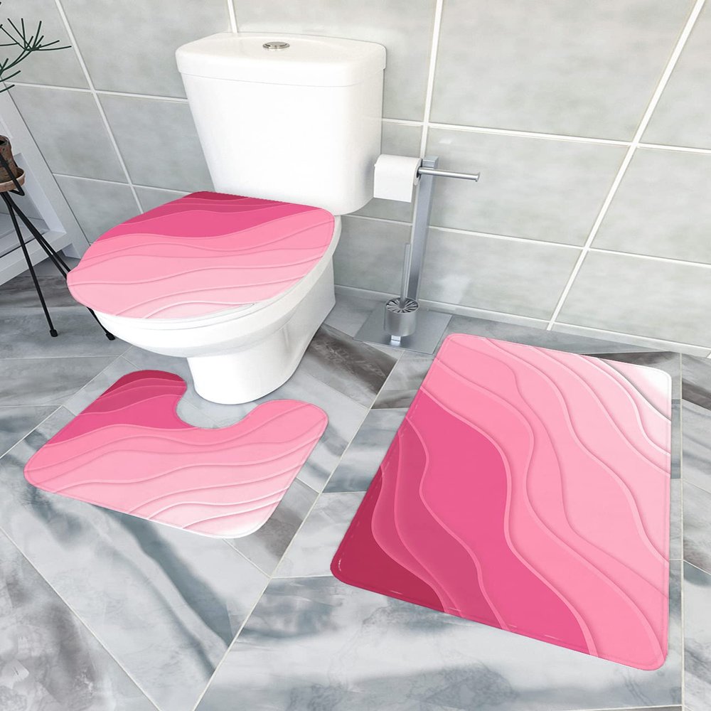 LEOSUCRE Bath Mat 3 Piece Bathroom Rug Sets, Ombre Pink Non Slip Bath Rug Contour Mat and Toilet Lid Cover, Absorbent Shower Mats Soft Bath Rug and Mat Sets Valentines Day Abstract Modern