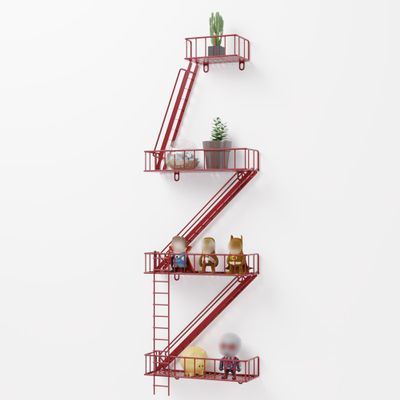 4 Tier Fire Escape Wall Shelf - Modern City Style Fire Escape Decorative & Planter Shelf, Easy to Install Metal Rustic Floating Shelves for Any Room, Red