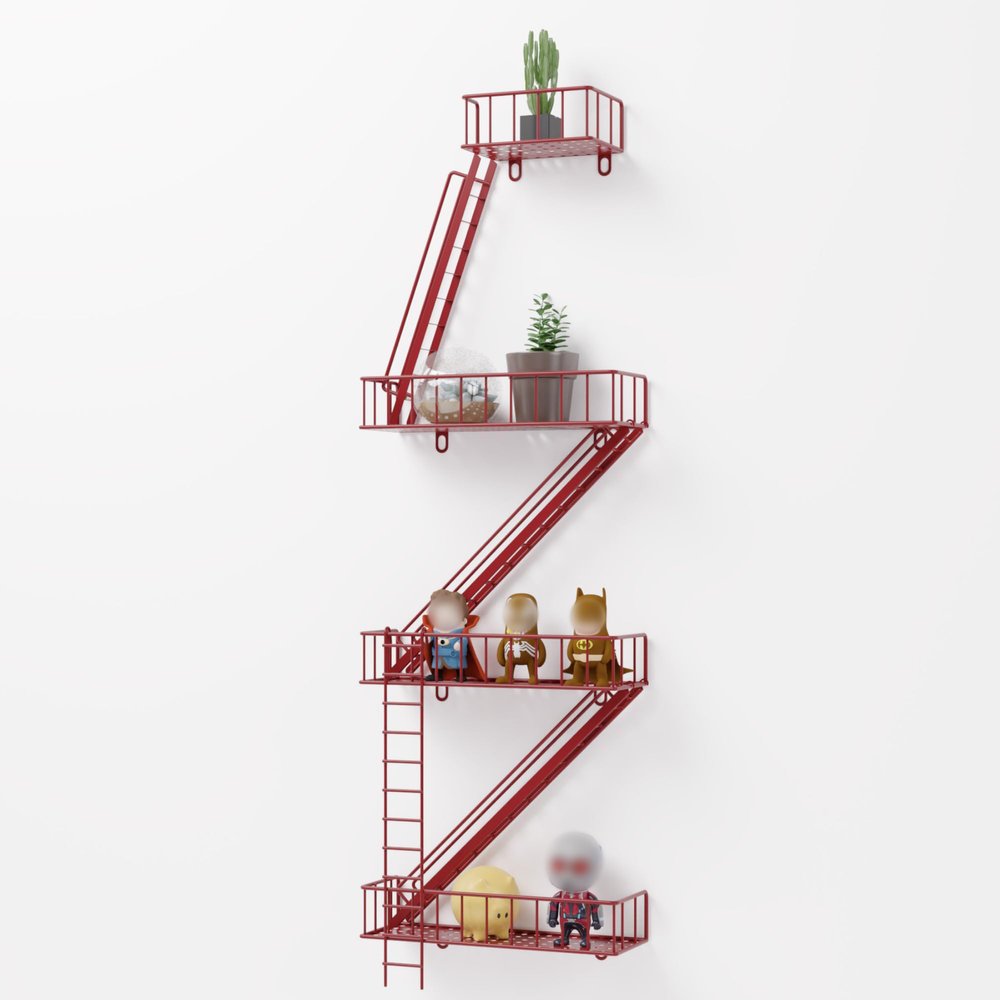 4 Tier Fire Escape Wall Shelf - Modern City Style Fire Escape Decorative & Planter Shelf, Easy to Install Metal Rustic Floating Shelves for Any Room, Red