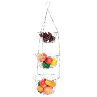 31.5in 3 Tier Hanging Basket Fruit Organizer with Metal Chain Hanging Hooks,Detachable Foldable Round Hanging Flower Fruit Vegetable Storage Organizer Wire Hanging Basket Kitchen Supplies