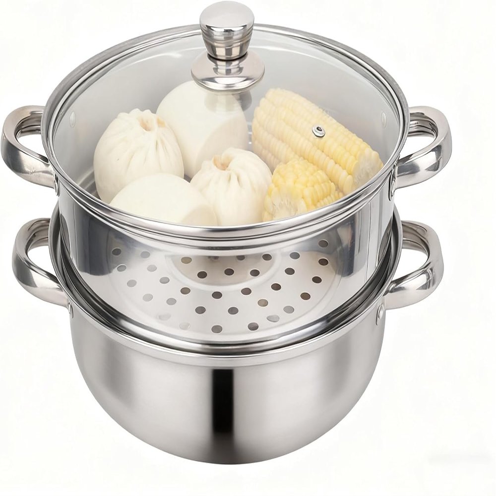 2-Tier Stainless Steel Steamer Pot Set, 10.6 x 7.7in Stackable Steam Pot with Glass Lid & Insert  Double Boiler for Soup, Vegetables, Dumplings, Home Kitchen Cooking