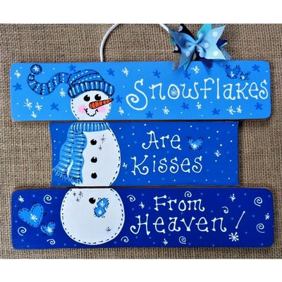 1 Pcs Slatted Snowman Sign Snowflakes Kisses Heaven Wall Door Hanger Plaque