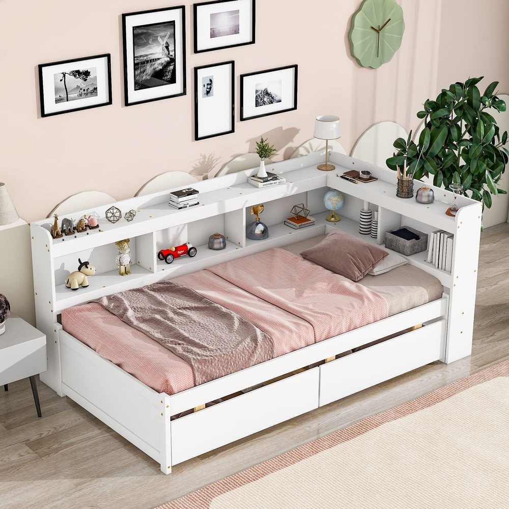 CKLMMC Stylistic Platform Bed with L-Shaped Bookcases and 2 Storage Drawers, Solid Wood Bed for Small Living Space (White/Bookcase, Twin)