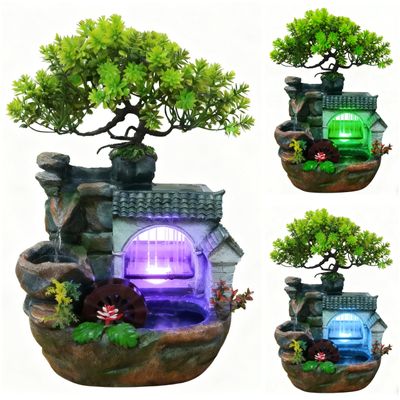11" Desktop Fountain Rock Waterfall Humidifier with Artificial Tree &LED Light, Tabletop Water Fountains Indoor Fake Plant Bonsai Tree Feng Shui Decoration for Aquariums Office Bedroom Home Dcor