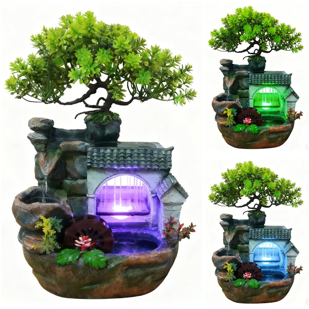 11" Desktop Fountain Rock Waterfall Humidifier with Artificial Tree &LED Light, Tabletop Water Fountains Indoor Fake Plant Bonsai Tree Feng Shui Decoration for Aquariums Office Bedroom Home Dcor