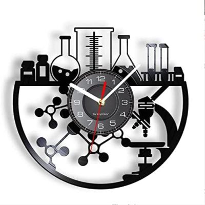 12 Inch Wall Clock Chemical Experiment Vinyl Record Wall Clock Chemistry Microscope Bunsen Burner Retro Wall Watch Laboratory Science Decor Watch