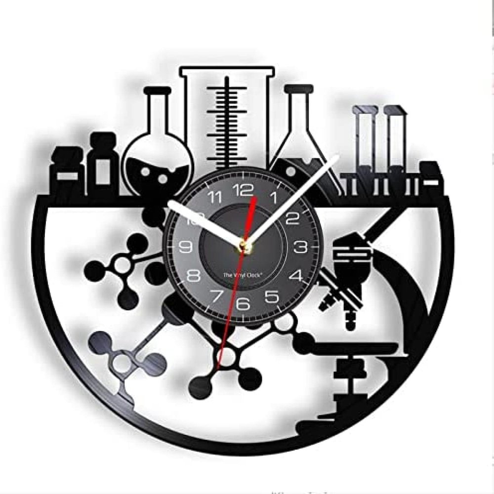 12 Inch Wall Clock Chemical Experiment Vinyl Record Wall Clock Chemistry Microscope Bunsen Burner Retro Wall Watch Laboratory Science Decor Watch