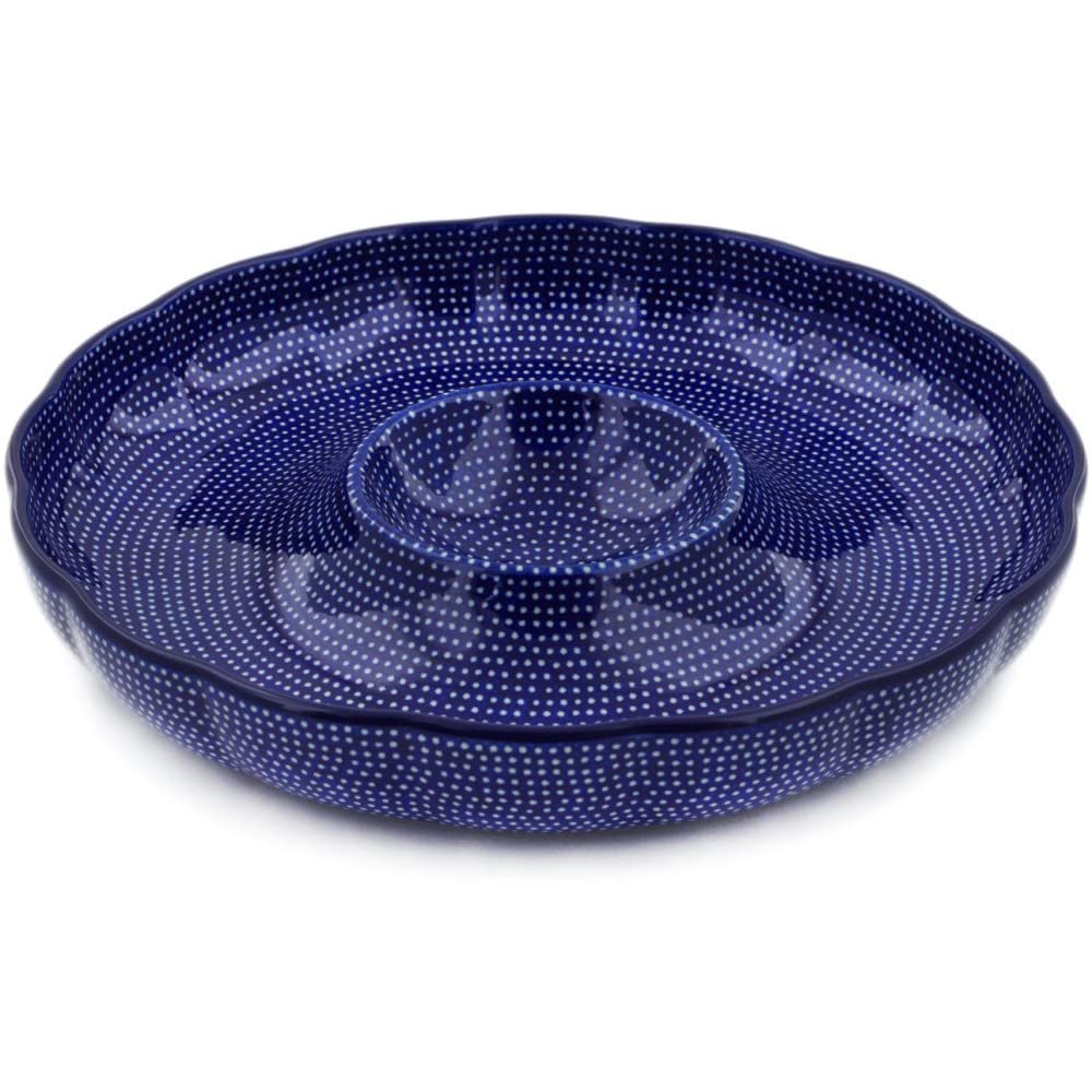 Polmedia Polish Pottery Chip and Dip Platter 12-inch UNIKAT - Starry Night Pattern Handmade in Boleslawiec Poland by Ceramika Artystyczna + Certificate of Authenticity