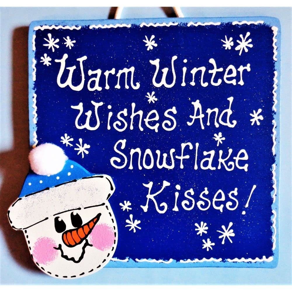 1 Pcs Warm Winter Wishes & Snowflake Kisses Sign Wall Art Door Hanger Snowman Plaque