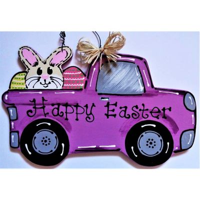 1 Pcs Happy Easter Purple Truck Spring Sign Wall Art Door Hanger Plaque Wreath Accent