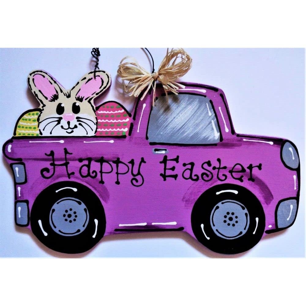 1 Pcs Happy Easter Purple Truck Spring Sign Wall Art Door Hanger Plaque Wreath Accent